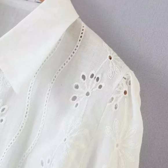 Boho embroidered eyelet pearl buttonup top white - Picture 10 of 10